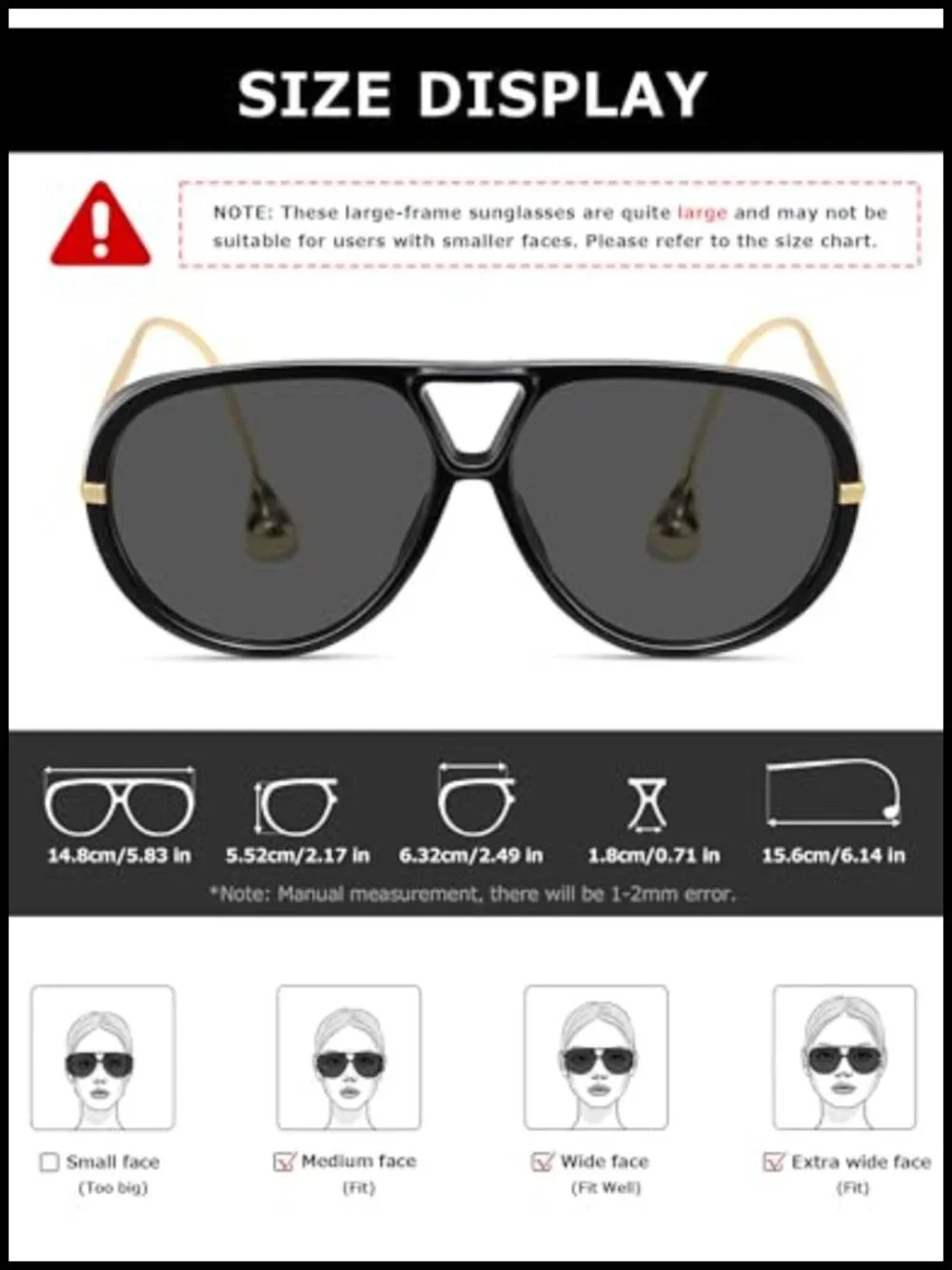 Oversized Aviator Sunglasses Double Bridge Metal Drop Earring Legs HD UV400